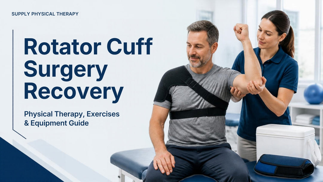 Patient recovering from rotator cuff surgery with physical therapy support, shoulder rehabilitation exercises, and recovery equipment.