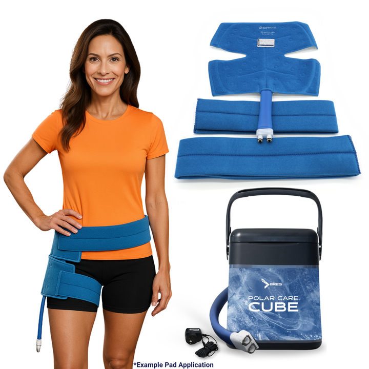 Woman wearing Breg Polar Care Cube hip cold therapy system with blue pads and cooler