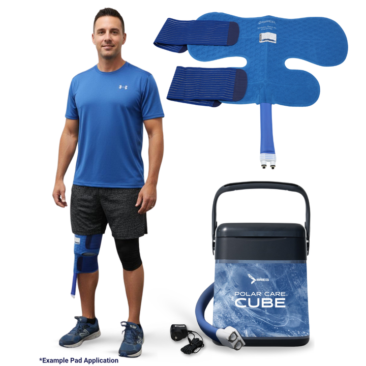 Man wearing Breg Polar Care Cube knee cold therapy system with pad, straps, and cooler