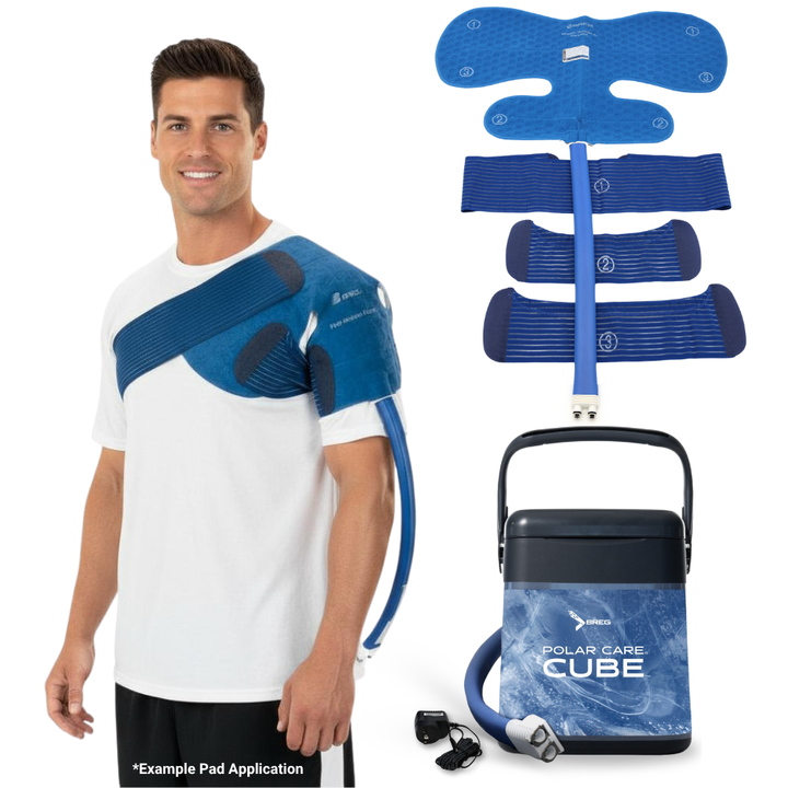 Man wearing Breg Polar Care Cube XL shoulder cold therapy pad with cooler and accessories