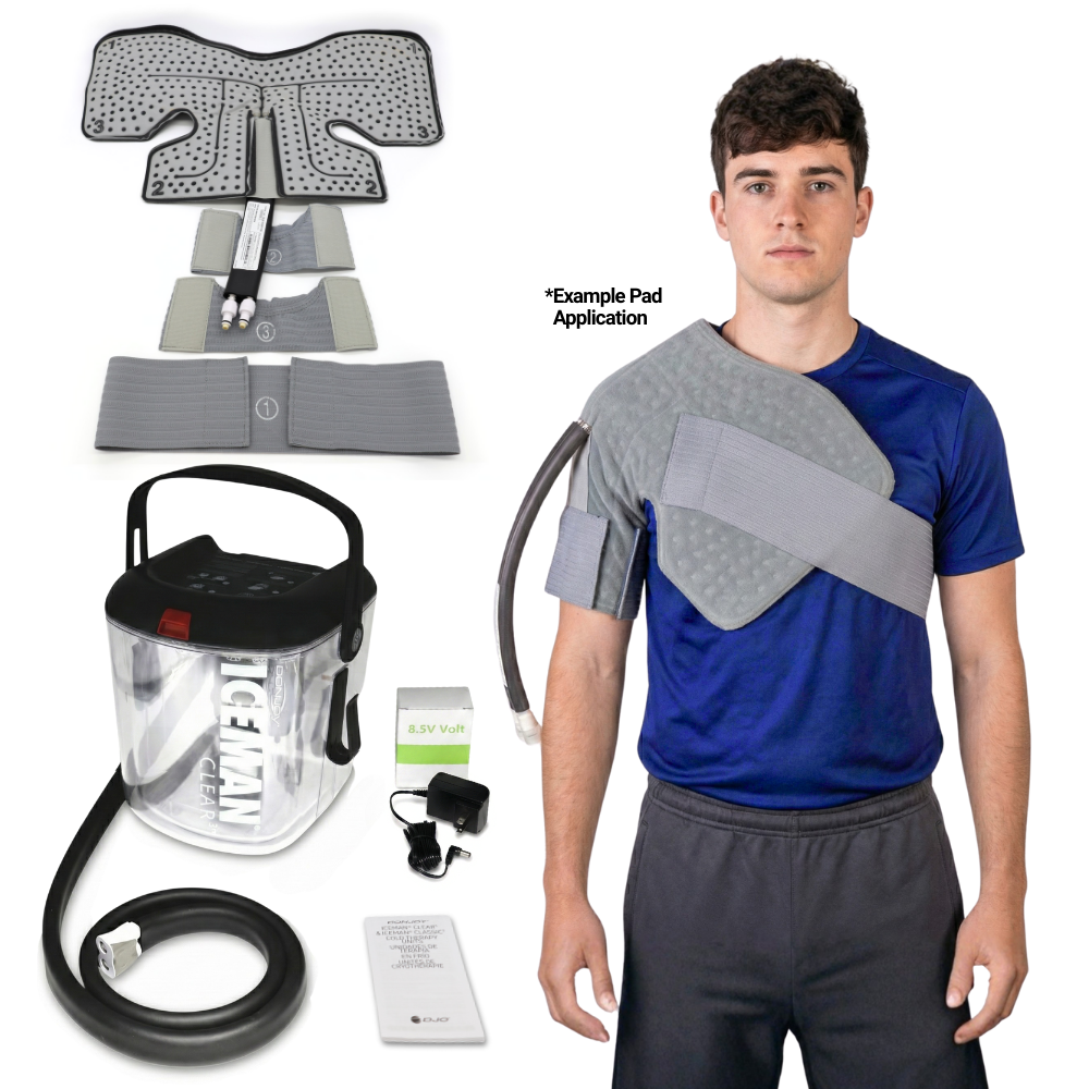 DonJoy® IceMan Clear3 w/ Wrap-On Pads - 11-0493/11-1334-9 DonJoy® IceMan Clear3 w/ Wrap-On Pads - Clear3 Cooler & One (1) Shoulder Pad - Regular by Supply Physical Therapy Ankle, Best Seller, Clear3, Cold Therapy Units, DonJoy, Elbow, Hip, Knee, Shoulder, Thigh, Wrist