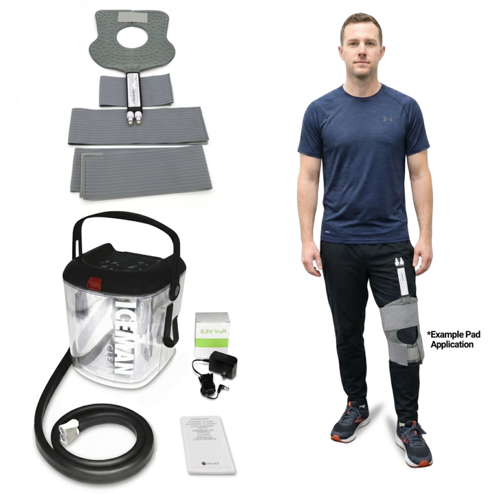 DonJoy® IceMan Clear3 w/ Wrap-On Pads - 11-0493/11-1268-9 DonJoy® IceMan Clear3 w/ Wrap-On Pads - Clear3 Cooler & One (1) McGuire Knee Open Patella Pad by Supply Physical Therapy Ankle, Best Seller, Clear3, Cold Therapy Units, DonJoy, Elbow, Hip, Knee, Shoulder, Thigh, Wrist